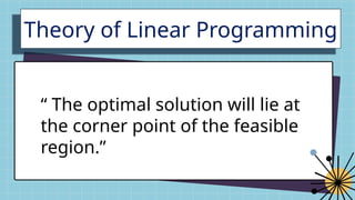 Theory of Linear Programming
“ The optimal solution will lie at
the corner point of the feasible
region.”
 