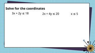 Solve for the coordinates
3x + 2y 18
≤ 2x + 4y 20
≤ x 5
≤
 