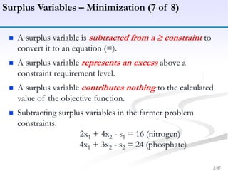 2-37
 A surplus variable is subtracted from a constraint to
convert it to an equation (=).
 A surplus variable represents an excess above a
constraint requirement level.
 A surplus variable contributes nothing to the calculated
value of the objective function.
 Subtracting surplus variables in the farmer problem
constraints:
2x1 + 4x2 - s1 = 16 (nitrogen)
4x1 + 3x2 - s2 = 24 (phosphate)
Surplus Variables – Minimization (7 of 8)
 