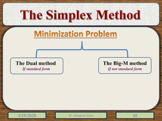 3/19/2020 Dr. Abdulfatah Salem 45
The Dual method
If standard form
The Big-M method
If not standard form
 