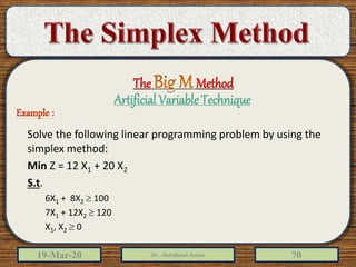 19-Mar-20 Dr. Abdulfatah Salem 70
Solve the following linear programming problem by using the
simplex method:
Min Z = 12 X1 + 20 X2
S.t.
6X1 + 8X2  100
7X1 + 12X2  120
X1, X2  0
The Method
Artificial Variable Technique
Example :
 