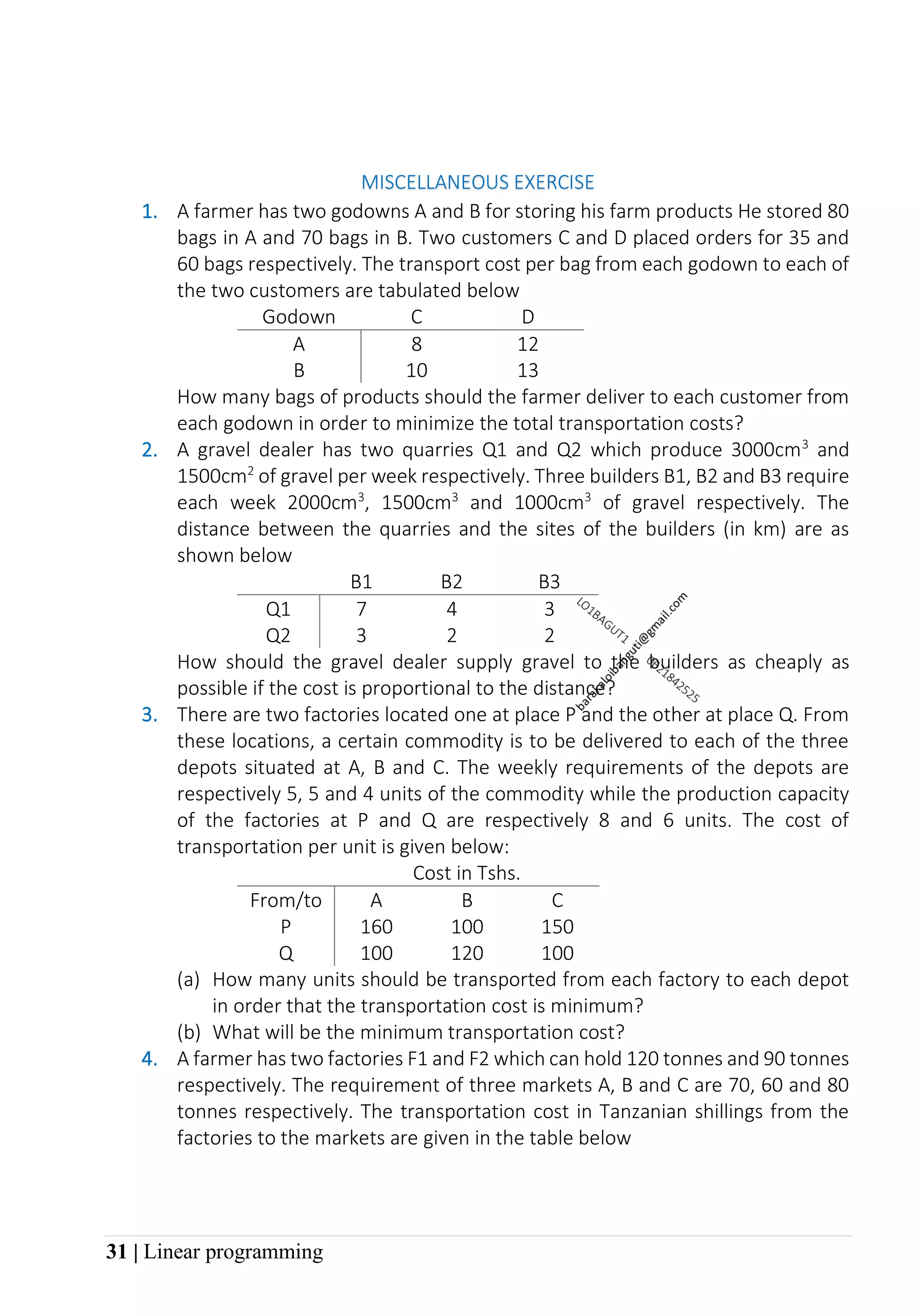 31 | Linear programming
MISCELLANEOUS EXERCISE
1. A farmer has two godowns A and B for storing his farm products He stored 80
bags in A and 70 bags in B. Two customers C and D placed orders for 35 and
60 bags respectively. The transport cost per bag from each godown to each of
the two customers are tabulated below
Godown C D
A 8 12
B 10 13
How many bags of products should the farmer deliver to each customer from
each godown in order to minimize the total transportation costs?
2. A gravel dealer has two quarries Q1 and Q2 which produce 3000cm3
and
1500cm2
of gravel per week respectively. Three builders B1, B2 and B3 require
each week 2000cm3
, 1500cm3
and 1000cm3
of gravel respectively. The
distance between the quarries and the sites of the builders (in km) are as
shown below
B1 B2 B3
Q1 7 4 3
Q2 3 2 2
How should the gravel dealer supply gravel to the builders as cheaply as
possible if the cost is proportional to the distance?
3. There are two factories located one at place P and the other at place Q. From
these locations, a certain commodity is to be delivered to each of the three
depots situated at A, B and C. The weekly requirements of the depots are
respectively 5, 5 and 4 units of the commodity while the production capacity
of the factories at P and Q are respectively 8 and 6 units. The cost of
transportation per unit is given below:
Cost in Tshs.
From/to A B C
P 160 100 150
Q 100 120 100
(a) How many units should be transported from each factory to each depot
in order that the transportation cost is minimum?
(b) What will be the minimum transportation cost?
4. A farmer has two factories F1 and F2 which can hold 120 tonnes and 90 tonnes
respectively. The requirement of three markets A, B and C are 70, 60 and 80
tonnes respectively. The transportation cost in Tanzanian shillings from the
factories to the markets are given in the table below
 