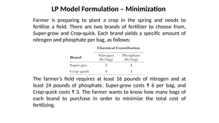 Farmer is preparing to plant a crop in the spring and needs to
fertilize a field. There are two brands of fertilizer to choose from,
Super-grow and Crop-quick. Each brand yields a specific amount of
nitrogen and phosphate per bag, as follows:
LP Model Formulation – Minimization
Chemical Contribution
Brand
Nitrogen
(lb/bag)
Phosphate
(lb/bag)
Super-gro 2 4
Crop-quick 4 3
The farmer’s field requires at least 16 pounds of nitrogen and at
least 24 pounds of phosphate. Super-grow costs ₹ 6 per bag, and
Crop-quick costs ₹ 3. The farmer wants to know how many bags of
each brand to purchase in order to minimize the total cost of
fertilizing.
 