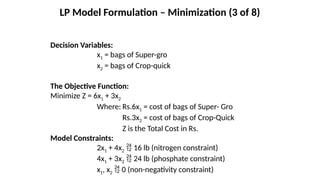 Decision Variables:
x1 = bags of Super-gro
x2 = bags of Crop-quick
The Objective Function:
Minimize Z = 6x1 + 3x2
Where: Rs.6x1 = cost of bags of Super- Gro
Rs.3x2 = cost of bags of Crop-Quick
Z is the Total Cost in Rs.
Model Constraints:
2x1 + 4x2  16 lb (nitrogen constraint)
4x1 + 3x2  24 lb (phosphate constraint)
x1, x2  0 (non-negativity constraint)
LP Model Formulation – Minimization (3 of 8)
 