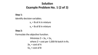 Step 1:
Identify decision variables.
x1 = lb of A in mixture
x2 = lb of B in mixture
Step 2:
Formulate the objective function.
Minimize Z = 3x1 + 5x2
where Z = cost per 1,000-lb batch in Rs.
3x1 = cost of A
5x2 = cost of B
Solution
Example Problem No. 1 (2 of 3)
 