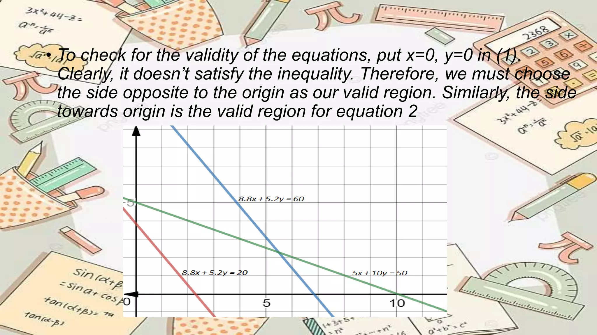 • To check for the validity of the equations, put x=0, y=0 in (1).
Clearly, it doesn’t satisfy the inequality. Therefore, we must choose
the side opposite to the origin as our valid region. Similarly, the side
towards origin is the valid region for equation 2
 