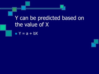 Y can be predicted based on
the value of X
   Y = a + bX
 