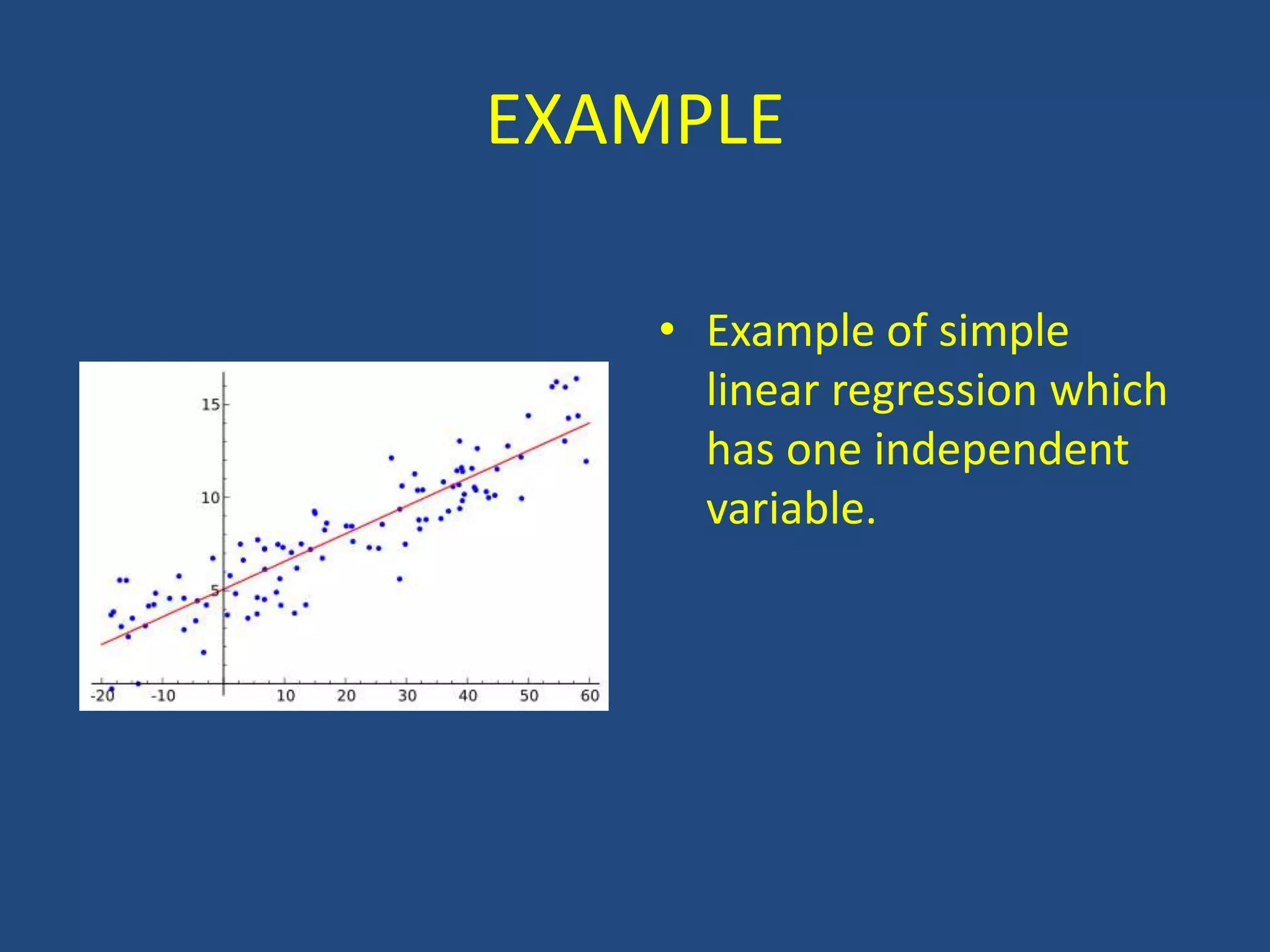 EXAMPLE

    • Example of simple
      linear regression which
      has one independent
      variable.
 