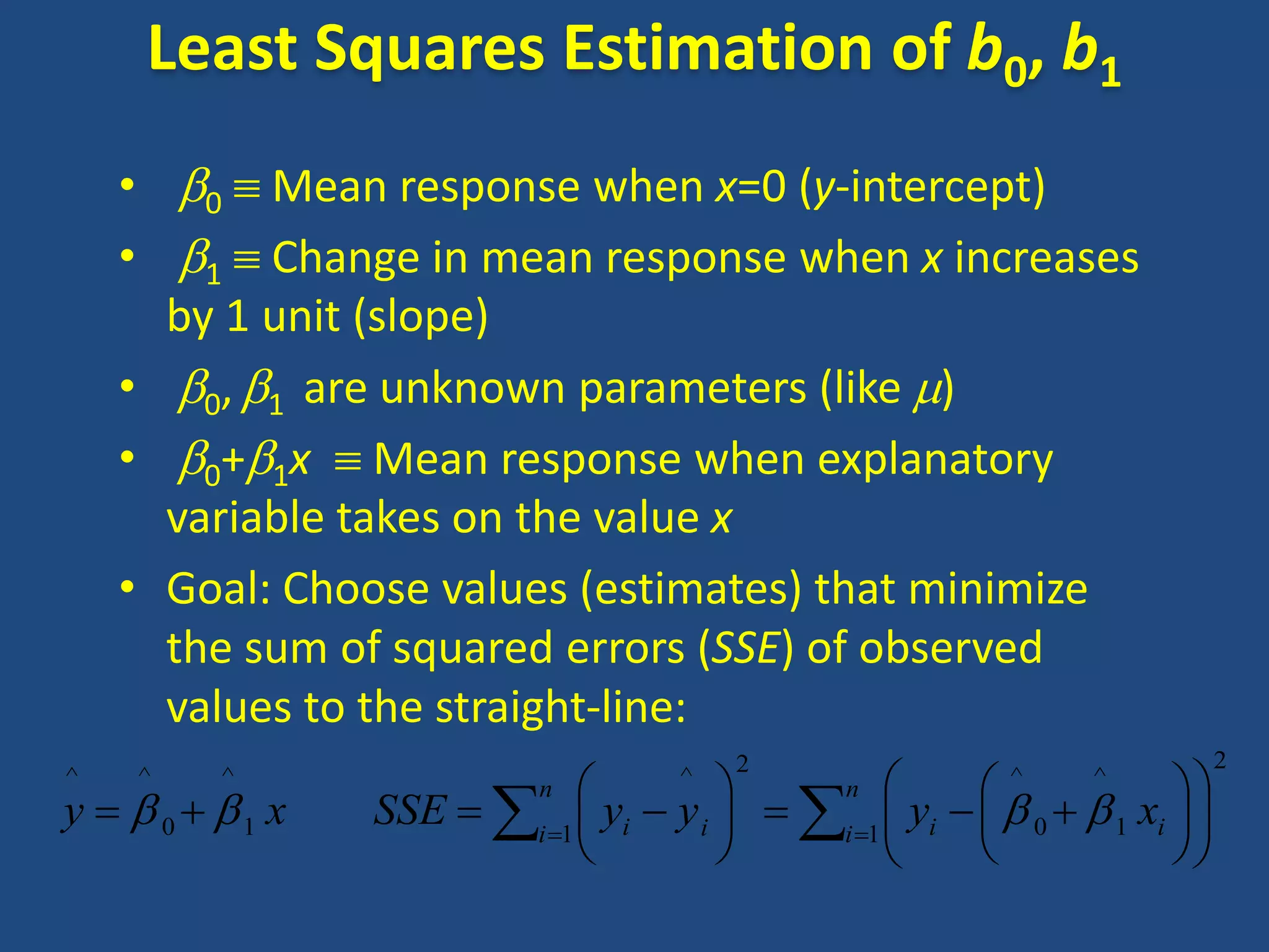 Least Squares Estimation of b0, b1
    • b0  Mean response when x=0 (y-intercept)
    • b1  Change in mean response when x increases
      by 1 unit (slope)
    • b0, b1 are unknown parameters (like m)
    • b0+b1x  Mean response when explanatory
      variable takes on the value x
    • Goal: Choose values (estimates) that minimize
      the sum of squared errors (SSE) of observed
      values to the straight-line:
                                                                             2
                                            n                         
                                         2
^   ^    ^
                                    ^
                                                          ^    ^
y  b 0 b1 x   SSE  i 1  yi  y i   i 1  yi   b 0  b 1 xi  
                           n

                                                                   
 