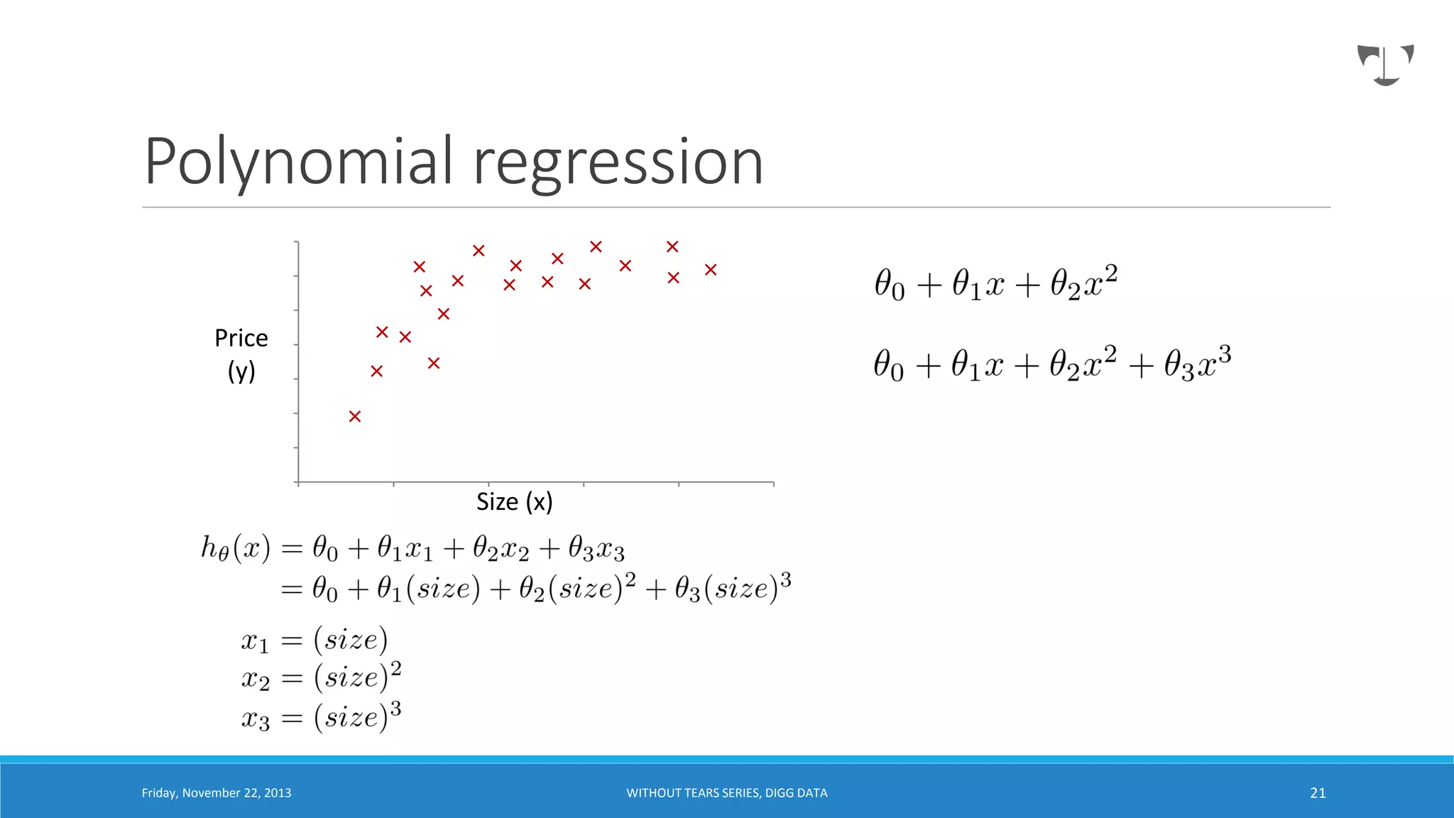 Polynomial regression
Price
(y)

Size (x)

Friday, November 22, 2013

WITHOUT TEARS SERIES, DIGG DATA

21

 