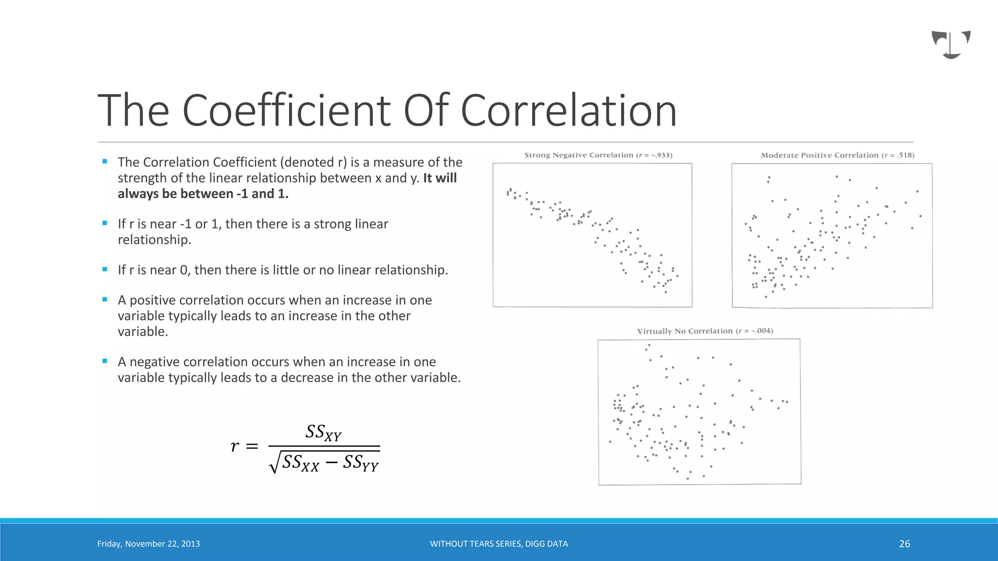 The Coefficient Of Correlation
 The Correlation Coefficient (denoted r) is a measure of the
strength of the linear relationship between x and y. It will
always be between -1 and 1.
 If r is near -1 or 1, then there is a strong linear
relationship.
 If r is near 0, then there is little or no linear relationship.
 A positive correlation occurs when an increase in one
variable typically leads to an increase in the other
variable.

 A negative correlation occurs when an increase in one
variable typically leads to a decrease in the other variable.

𝑟=

Friday, November 22, 2013

𝑆𝑆 𝑋𝑌

𝑆𝑆 𝑋𝑋 − 𝑆𝑆 𝑌𝑌

WITHOUT TEARS SERIES, DIGG DATA

26

 