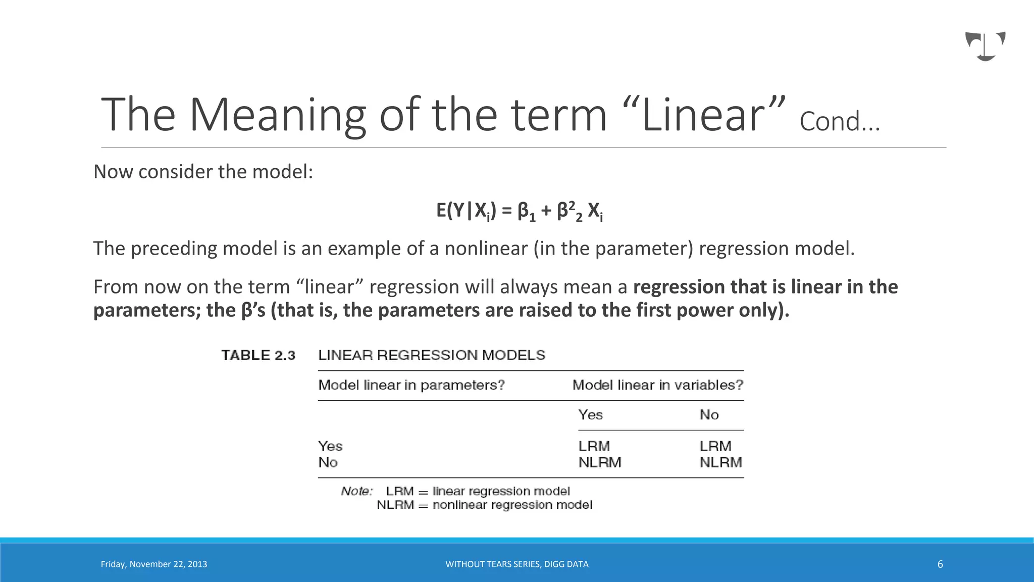 The Meaning of the term “Linear” Cond...
Now consider the model:
E(Y|Xi) = β1 + β22 Xi
The preceding model is an example of a nonlinear (in the parameter) regression model.
From now on the term “linear” regression will always mean a regression that is linear in the
parameters; the β’s (that is, the parameters are raised to the first power only).

Friday, November 22, 2013

WITHOUT TEARS SERIES, DIGG DATA

6

 