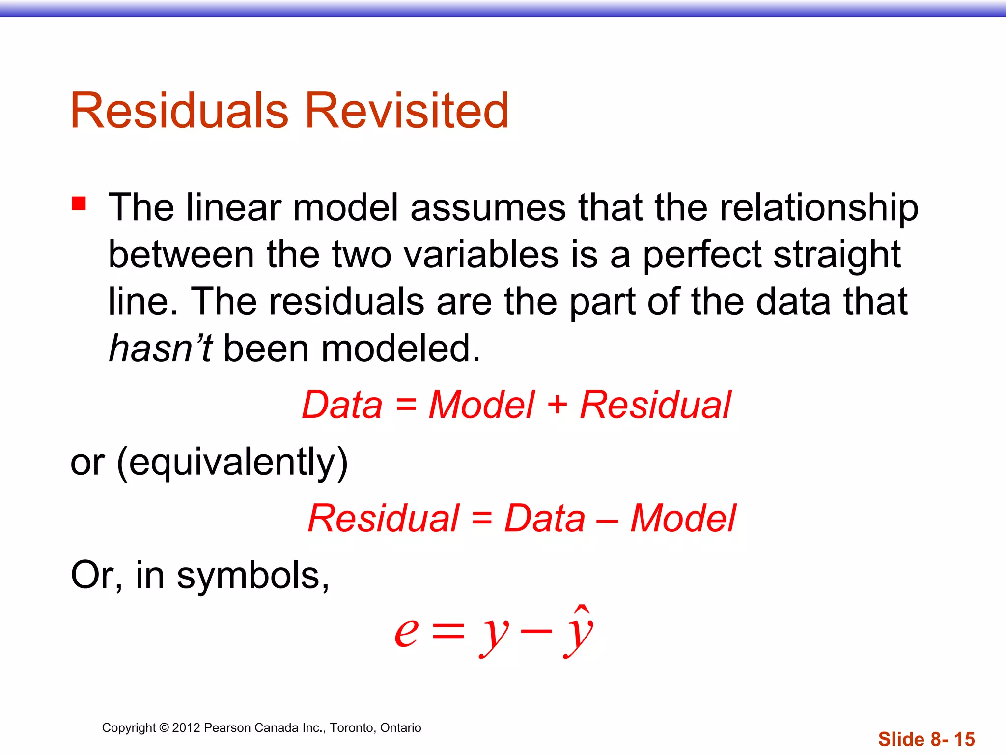 Copyright © 2012 Pearson Canada Inc., Toronto, Ontario
Slide 8- 15
Residuals Revisited
 The linear model assumes that the relationship
between the two variables is a perfect straight
line. The residuals are the part of the data that
hasn’t been modeled.
Data = Model + Residual
or (equivalently)
Residual = Data – Model
Or, in symbols,
ˆe y y= −
 