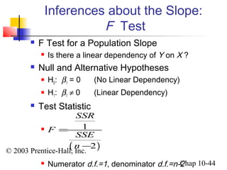Inferences about the Slope: 
SSR 
1 
2 
F SSE 
( n 
) 
= 
- 
© 2003 Prentice-Hall, Inc. 
Chap 10-44 
F Test 
 F Test for a Population Slope 
 Is there a linear dependency of Y on X ? 
 Null and Alternative Hypotheses 
 H0: b1 = 0 (No Linear Dependency) 
 H1: b1 ¹ 0 (Linear Dependency) 
 Test Statistic 
 
 Numerator d.f.=1, denominator d.f.=n-2 
 