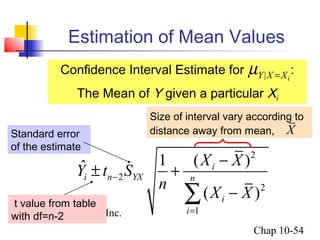 Estimation of Mean Values 
Confidence Interval Estimate for : 
The Mean of Y given a particular Xi 
Y ± t S + X - 
X 
Y|X Xi m = 
ˆ 1 ( ) 
å - t value from table 
with df=n-2 
© 2003 Prentice-Hall, Inc. 
2 
Chap 10-54 
2 
2 
n X X 
1 
i 
( ) 
i n YX n 
i 
i 
- 
= 
Standard error 
of the estimate 
Size of interval vary according to 
distance away from mean, X 
 