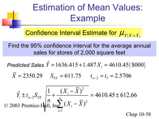Estimation of Mean Values: 
Confidence Interval Estimate for Y|X Xi m = 
Y t S X X 
± + - = ± 
ˆ 1 ( ) 4610.45 612.66 
n X X 
å - 
© 2003 Prentice-Hall, Inc. 
Chap 10-58 
Example 
Find the 95% confidence interval for the average annual 
sales for stores of 2,000 square feet 
2 
2 
2 
1 
i 
( ) 
i n YX n 
i 
i 
- 
= 
Predicted Sales 
ˆ 1636.415 1.487 4610.45( $000) i Y = + X = 
2 5 2350.29 611.75 2.5706 YX n X S t t - = = = = 
 