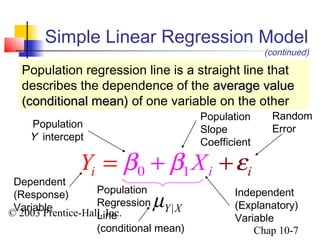 Simple Linear Regression Model 
Population regression line is a straight line that 
describes the dependence of the aavveerraaggee vvaalluuee 
((ccoonnddiittiioonnaall mmeeaann)) of one variable on the other 
Population 
Y intercept 
i i i Y b b X e 0 1 = + + 
© 2003 Prentice-Hall, Inc. 
Chap 10-7 
Population 
Regression 
Line 
(conditional mean) 
Population 
Slope 
Coefficient 
Random 
Error 
Dependent 
(Response) 
Variable 
Independent 
(Explanatory) 
Variable 
Y|X m 
(continued) 
 