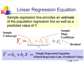 Linear Regression Equation 
Sample regression line provides an eessttiimmaattee 
of the population regression line as well as a 
predicted value of Y 
Yˆ =b +b X = Simple Regression Equation 
© 2003 Prentice-Hall, Inc. 
Chap 10-9 
Sample 
Y Intercept 
Sample 
Slope 
Coefficient 
i 0 1 i i Residual Y = b + b X + e 
0 1 
(Fitted Regression Line, Predicted Value) 
 