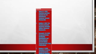 RequiredReadings:
1. Dunn, D. S. 2001.
Statistics and Data
Analysis for the
Behavioural
Sciences.Toronto:
McGraw Hill.
1. Babbie, E. 2007. The
Practiceof Social
Research. Eleventh
Edition. Thomsom:
Wadsworth.
1. Creswell, J. W. 2003.
Research Design:
Qualitative,
Quantitative, and
MixedMethods.
Second Edition.
Thousand Oaks: Sage
Publications.
1. Healey J. F. 2009.
Statistics: A Tool for
Social Research.
 