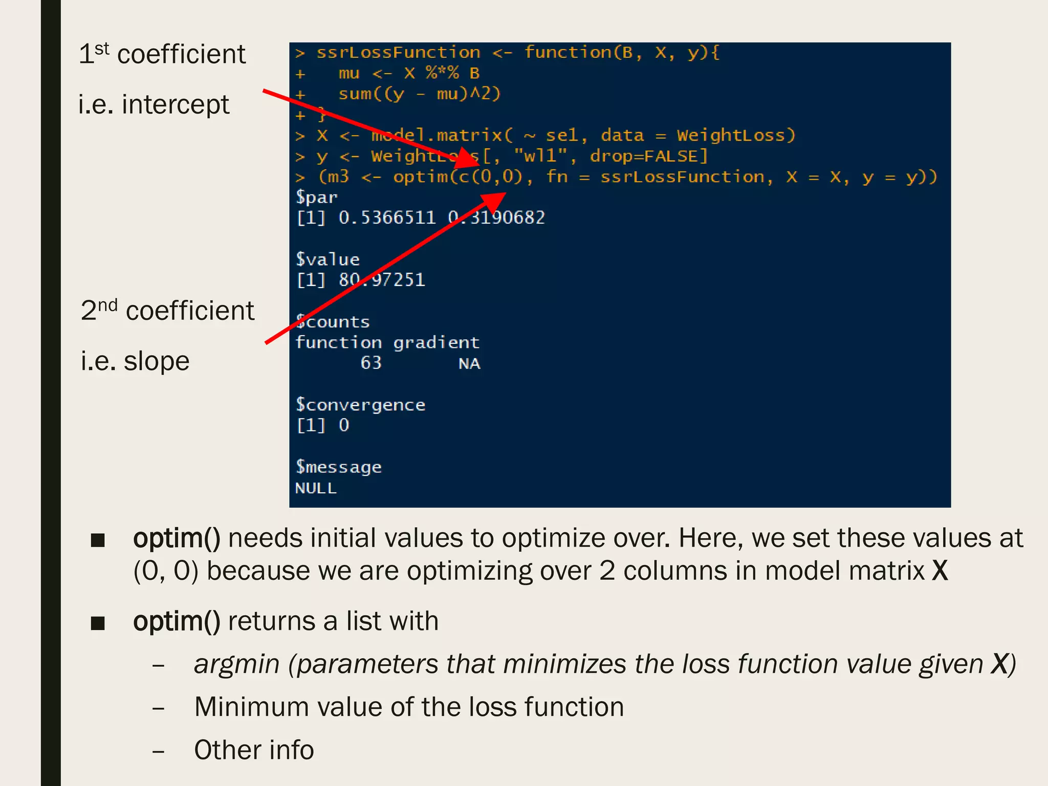 1st coefficient
i.e. intercept
2nd coefficient
i.e. slope
■ optim() needs initial values to optimize over. Here, we set these values at
(0, 0) because we are optimizing over 2 columns in model matrix X
■ optim() returns a list with
– argmin (parameters that minimizes the loss function value given X)
– Minimum value of the loss function
– Other info
 