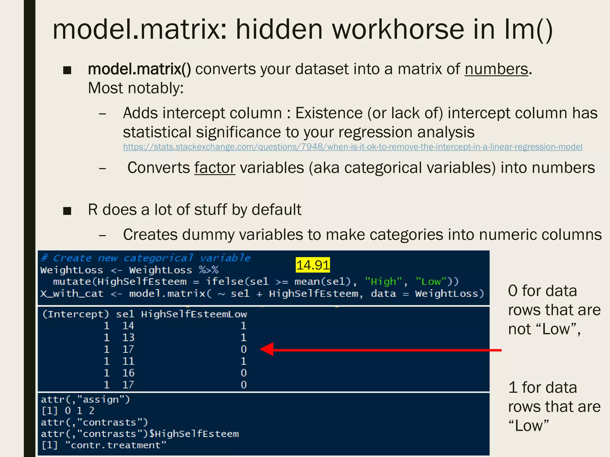 model.matrix: hidden workhorse in lm()
■ model.matrix() converts your dataset into a matrix of numbers.
Most notably:
– Adds intercept column : Existence (or lack of) intercept column has
statistical significance to your regression analysis
https://stats.stackexchange.com/questions/7948/when-is-it-ok-to-remove-the-intercept-in-a-linear-regression-model
– Converts factor variables (aka categorical variables) into numbers
■ R does a lot of stuff by default
– Creates dummy variables to make categories into numeric columns
0 for data
rows that are
not “Low”,
1 for data
rows that are
“Low”
14.91
 