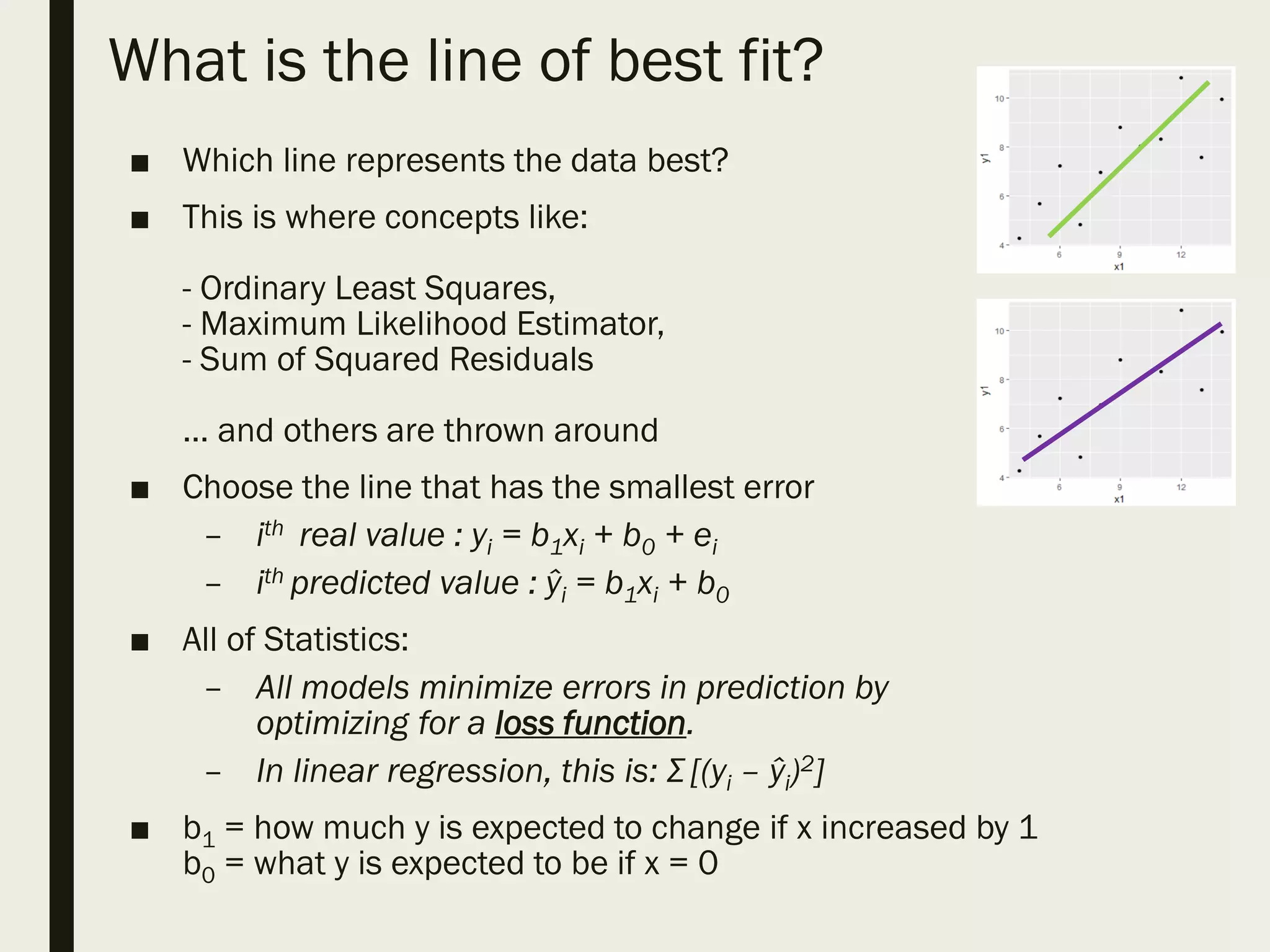 What is the line of best fit?
■ Which line represents the data best?
■ This is where concepts like:
- Ordinary Least Squares,
- Maximum Likelihood Estimator,
- Sum of Squared Residuals
… and others are thrown around
■ Choose the line that has the smallest error
– ith real value : yi = b1xi + b0 + ei
– ith predicted value : ŷi = b1xi + b0
■ All of Statistics:
– All models minimize errors in prediction by
optimizing for a loss function.
– In linear regression, this is: Σ [(yi – ŷi)2]
■ b1 = how much y is expected to change if x increased by 1
b0 = what y is expected to be if x = 0
 