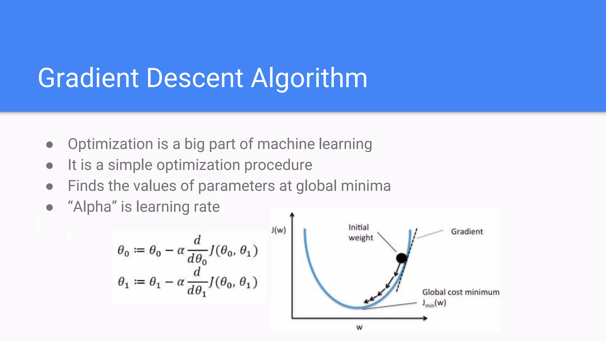 Gradient Descent Algorithm
● Optimization is a big part of machine learning
● It is a simple optimization procedure
● Finds the values of parameters at global minima
● “Alpha” is learning rate
 