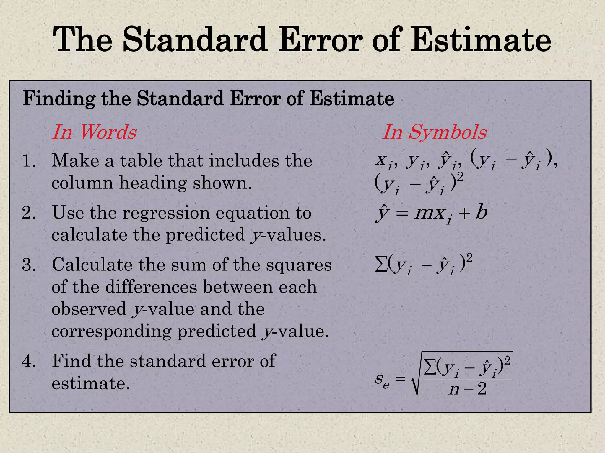The Standard Error of Estimate
2
, , , ( ),ˆ ˆ
( )ˆ
i i i i i
i i
x y y y y
y y


1. Make a table that includes the
column heading shown.
2. Use the regression equation to
calculate the predicted y-values.
3. Calculate the sum of the squares
of the differences between each
observed y-value and the
corresponding predicted y-value.
4. Find the standard error of
estimate.
Finding the Standard Error of Estimate
In Words In Symbols
ˆ iy mx b 
2
( )ˆi iy y 
2
( )ˆ
2
i i
e
y y
s
n
 


 