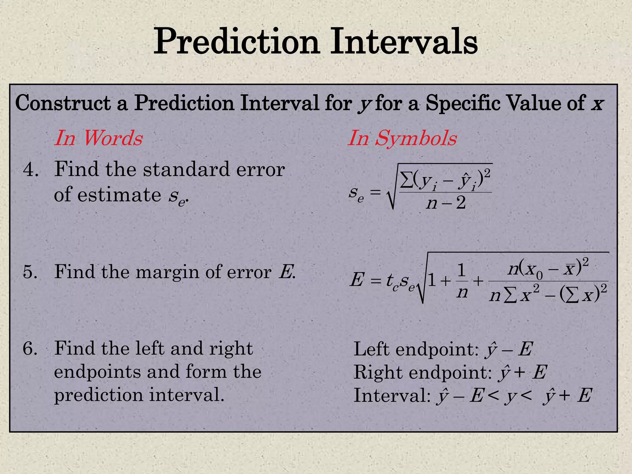 Prediction Intervals
4. Find the standard error
of estimate se.
5. Find the margin of error E.
6. Find the left and right
endpoints and form the
prediction interval.
Construct a Prediction Interval for y for a Specific Value of x
In Words In Symbols
2
( )ˆ
2
i i
e
y y
s
n
 


2
0
2 2
( )1
1
( )
c e
n x x
E t s
n n x x

  
  
Left endpoint: ŷ – E
Right endpoint: ŷ + E
Interval: ŷ – E < y < ŷ + E
 
