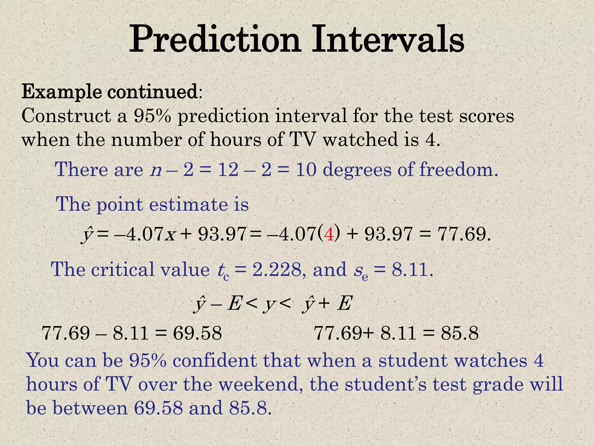 Prediction Intervals
Example continued:
Construct a 95% prediction interval for the test scores
when the number of hours of TV watched is 4.
There are n – 2 = 12 – 2 = 10 degrees of freedom.
ŷ = –4.07x + 93.97= –4.07(4) + 93.97 = 77.69.
The point estimate is
The critical value tc = 2.228, and se = 8.11.
ŷ – E < y < ŷ + E
77.69 – 8.11 = 69.58 77.69+ 8.11 = 85.8
You can be 95% confident that when a student watches 4
hours of TV over the weekend, the student’s test grade will
be between 69.58 and 85.8.
 