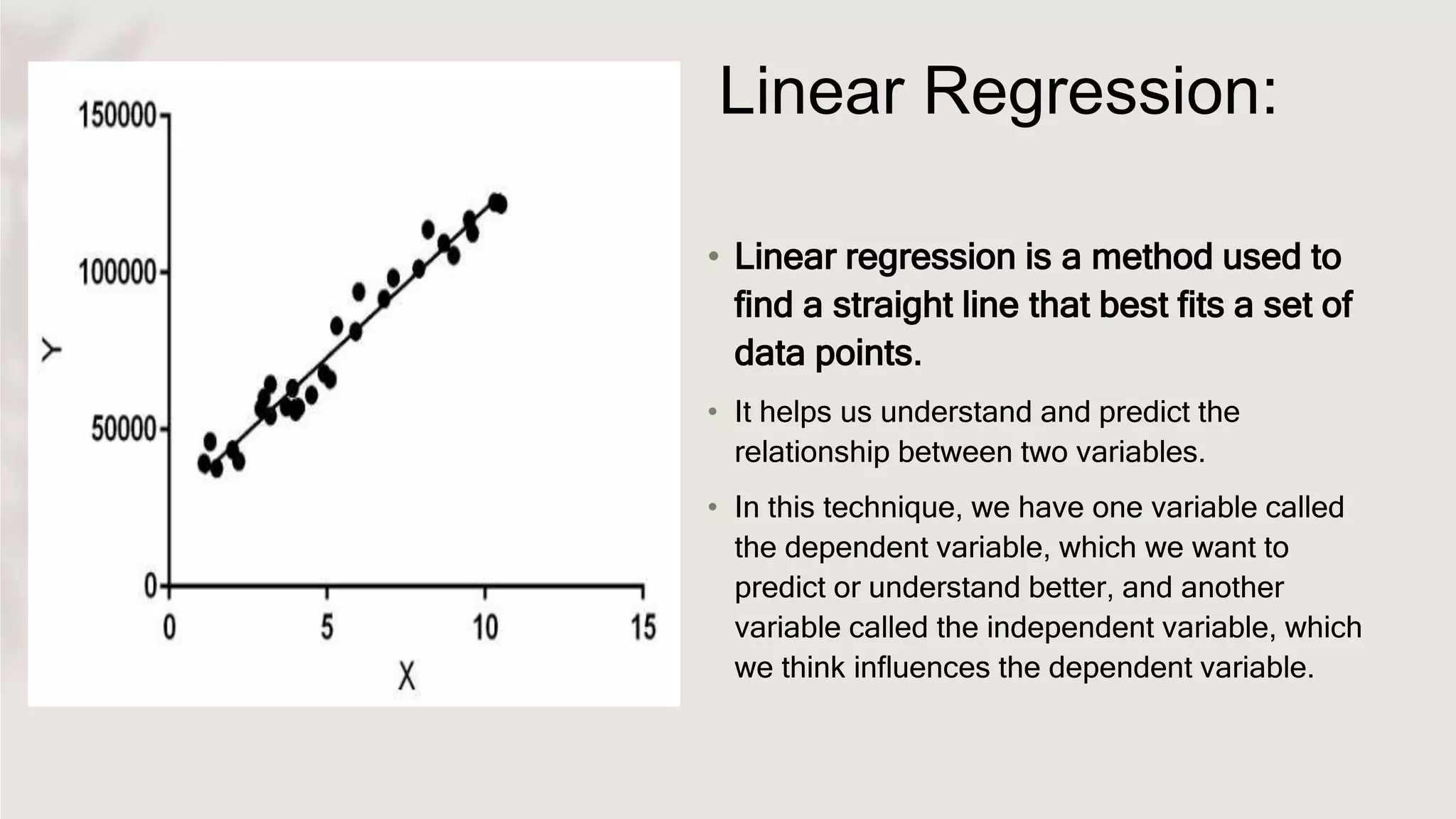 Linear Regression:
• Linear regression is a method used to
find a straight line that best fits a set of
data points.
• It helps us understand and predict the
relationship between two variables.
• In this technique, we have one variable called
the dependent variable, which we want to
predict or understand better, and another
variable called the independent variable, which
we think influences the dependent variable.
 