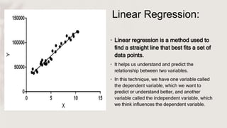 Linear Regression:
• Linear regression is a method used to
find a straight line that best fits a set of
data points.
• It helps us understand and predict the
relationship between two variables.
• In this technique, we have one variable called
the dependent variable, which we want to
predict or understand better, and another
variable called the independent variable, which
we think influences the dependent variable.
 