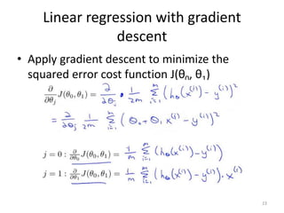 Linear regression with gradient
descent
• Apply gradient descent to minimize the
squared error cost function J(θ0, θ1)
23
 