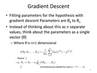 Gradient Descent
• Fitting parameters for the hypothesis with
gradient descent Parameters are θ0 to θn
• Instead of thinking about this as n separate
values, think about the parameters as a single
vector (θ)
– Where θ is n+1 dimensional
32
 