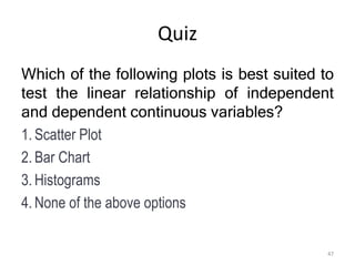 Quiz
Which of the following plots is best suited to
test the linear relationship of independent
and dependent continuous variables?
1. Scatter Plot
2. Bar Chart
3. Histograms
4. None of the above options
47
 