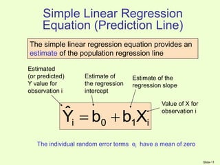 Slide-11
i
1
0
i X
b
b
Ŷ 

The simple linear regression equation provides an
estimate of the population regression line
Simple Linear Regression
Equation (Prediction Line)
Estimate of
the regression
intercept
Estimate of the
regression slope
Estimated
(or predicted)
Y value for
observation i
Value of X for
observation i
The individual random error terms ei have a mean of zero
 