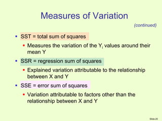Slide-20
 SST = total sum of squares
 Measures the variation of the Yi values around their
mean Y
 SSR = regression sum of squares
 Explained variation attributable to the relationship
between X and Y
 SSE = error sum of squares
 Variation attributable to factors other than the
relationship between X and Y
(continued)
Measures of Variation
 