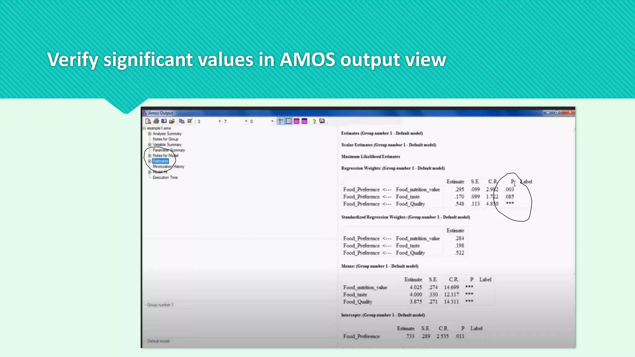Verify significant values in AMOS output view
 