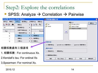 2010.12 14
Step2: Explore the correlations
 SPSS: Analyze  Correlation  Pairwise
相關係數處有三個選項
1. 相關係數 : For continuous Xs.
2.Kendall’s tau: For ordinal Xs
3.Spearman: For nominal Xs.
 