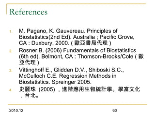 2010.12 60
References
1. M. Pagano, K. Gauvereau. Principles of
Biostatistics(2nd Ed). Australia ; Pacific Grove,
CA : Duxbury, 2000. ( 歐亞書局代理 )
2. Rosner B. (2006) Fundamentals of Biostatistics
(6th ed). Belmont, CA : Thomson-Brooks/Cole ( 歐
亞代理 )
3. Vittinghoff E., Glidden D.V., Shiboski S.C.,
McCulloch C.E. Regression Methods in
Biostatistics. Spreinger 2005.
4. 史麗珠 (2005) ，進階應用生物統計學。學富文化
，台北。
 