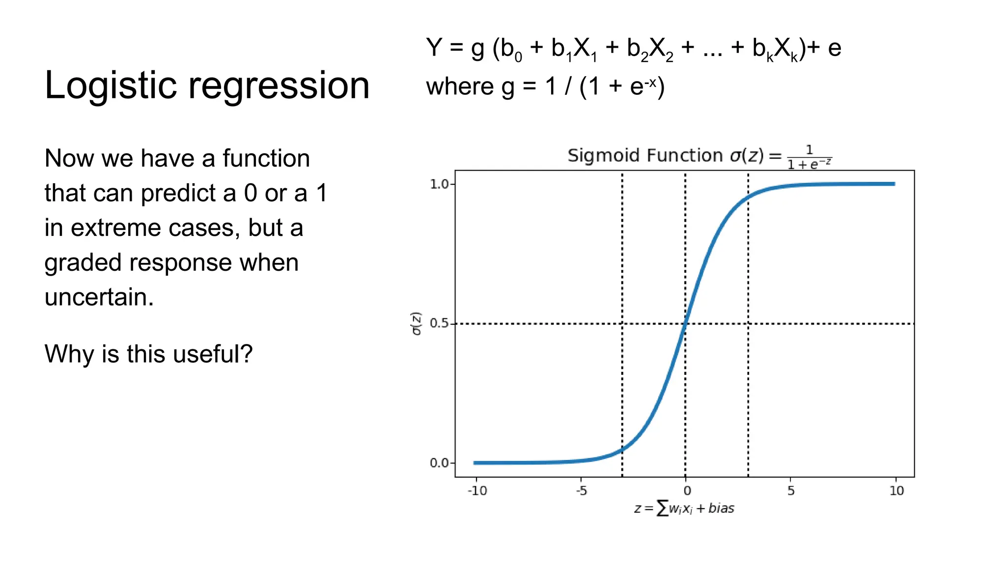 Logistic regression
Now we have a function
that can predict a 0 or a 1
in extreme cases, but a
graded response when
uncertain.
Why is this useful?
Y = g (b0 + b1X1 + b2X2 + ... + bkXk)+ e
where g = 1 / (1 + e-x
)
 