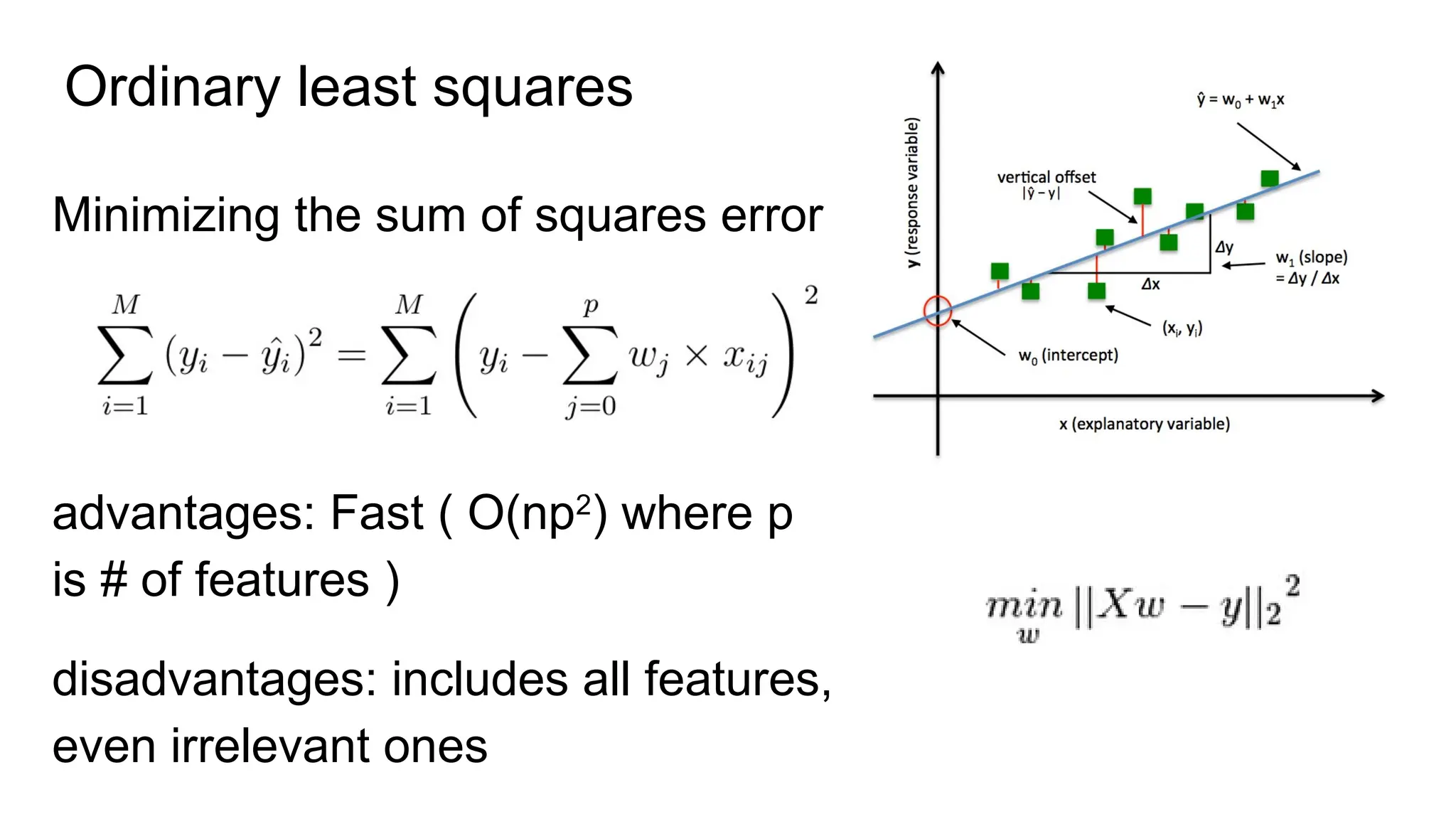 Ordinary least squares
Minimizing the sum of squares error
advantages: Fast ( O(np2
) where p
is # of features )
disadvantages: includes all features,
even irrelevant ones
 