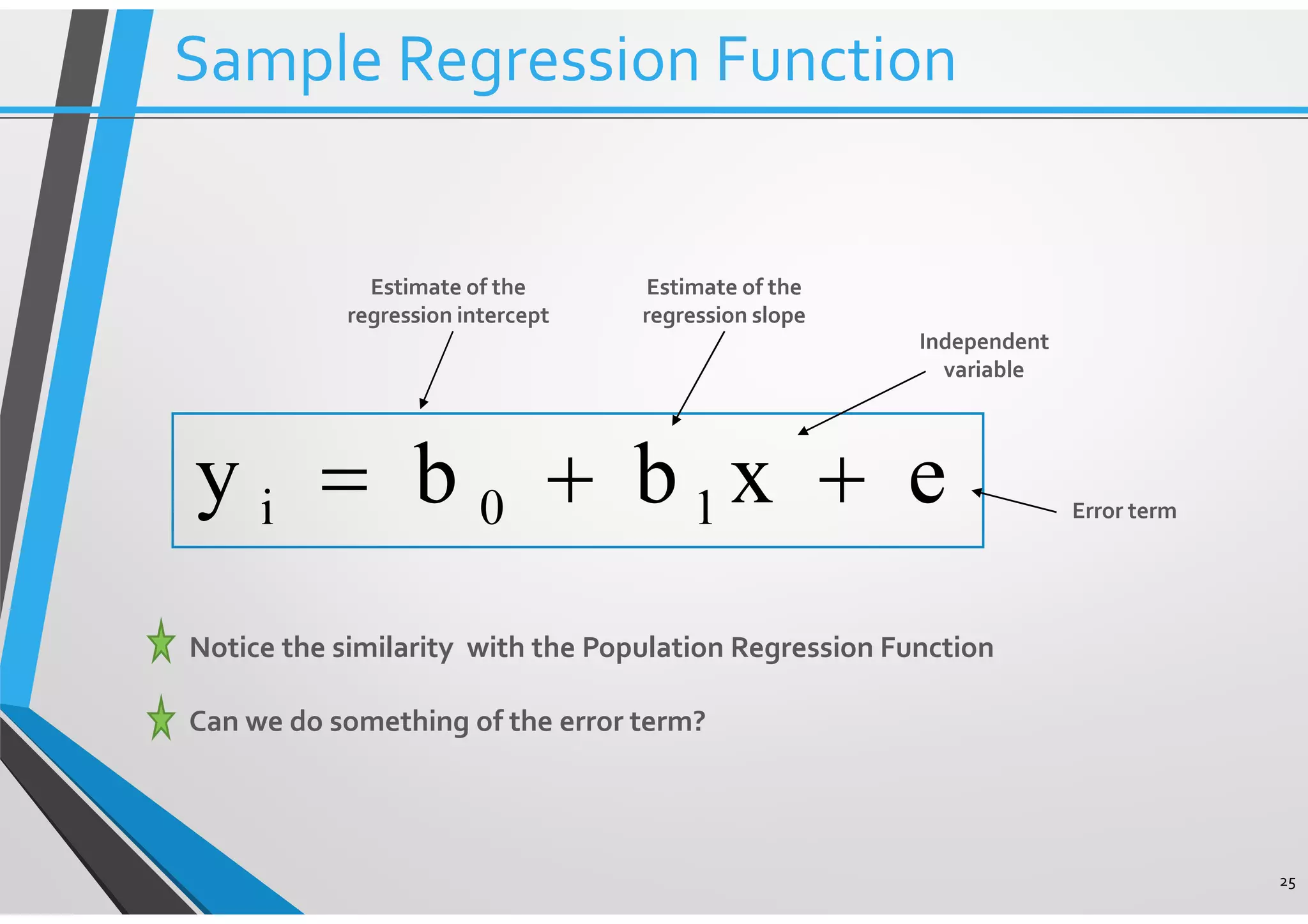 25 exbby 10i ++= Estimate of the regression intercept Estimate of the regression slope Independent variable Error term Notice the similarity with the Population Regression Function Can we do something of the error term? Sample Regression Function 