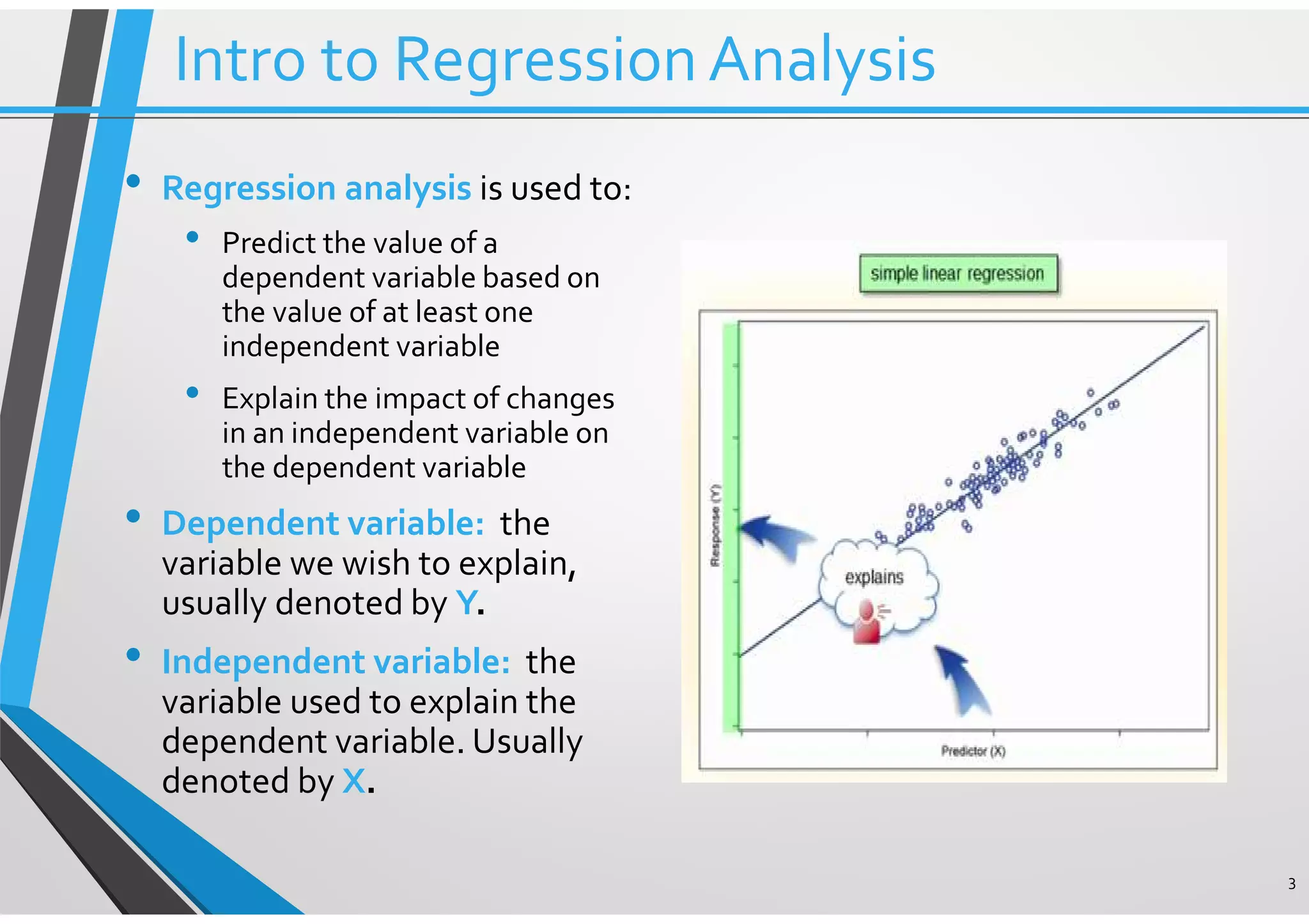 • Regression analysis is used to: • Predict the value of a dependent variable based on the value of at least one independent variable • Explain the impact of changes in an independent variable on the dependent variable • Dependent variable: the variable we wish to explain, usually denoted by Y. • Independent variable: the variable used to explain the dependent variable. Usually denoted by X. 3 Intro to RegressionAnalysis 