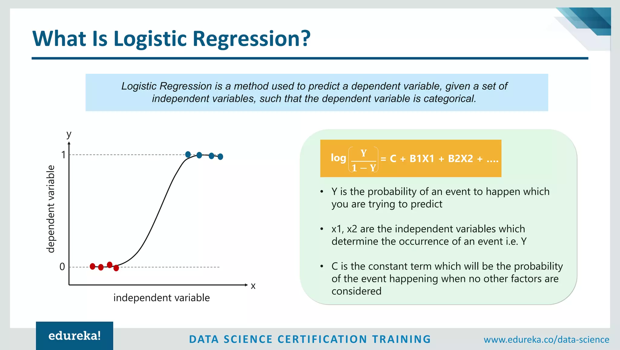 DATA SCIENCE CERTIFICATION TRAINING www.edureka.co/data-science
What Is Logistic Regression?
Logistic Regression is a method used to predict a dependent variable, given a set of
independent variables, such that the dependent variable is categorical.
x
y
independent variable
dependentvariable
0
1 𝐘
𝟏 − 𝐘
log = C + B1X1 + B2X2 + ….
• Y is the probability of an event to happen which
you are trying to predict
• x1, x2 are the independent variables which
determine the occurrence of an event i.e. Y
• C is the constant term which will be the probability
of the event happening when no other factors are
considered
 