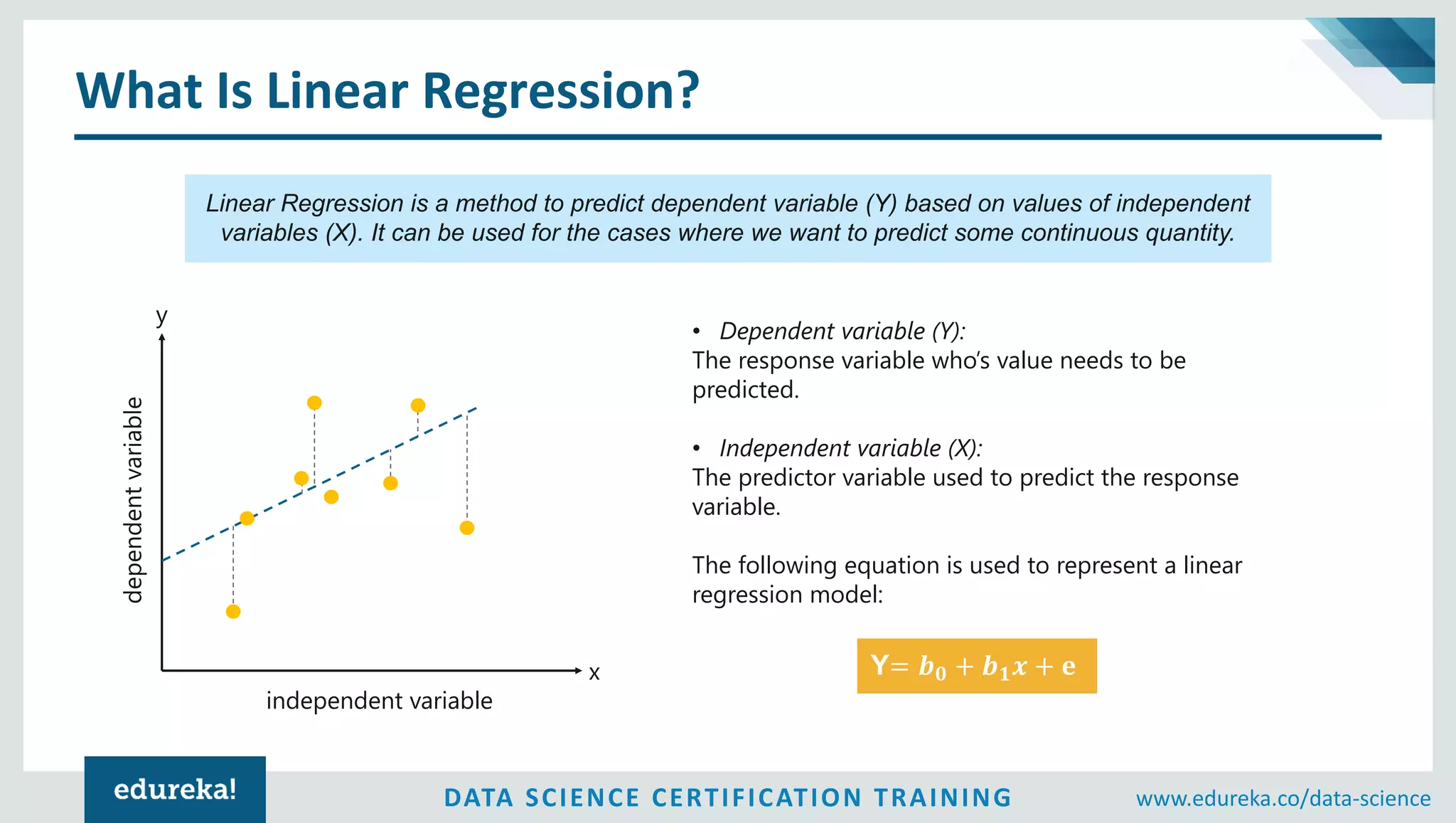 DATA SCIENCE CERTIFICATION TRAINING www.edureka.co/data-science
What Is Linear Regression?
Linear Regression is a method to predict dependent variable (Y) based on values of independent
variables (X). It can be used for the cases where we want to predict some continuous quantity.
• Dependent variable (Y):
The response variable who’s value needs to be
predicted.
• Independent variable (X):
The predictor variable used to predict the response
variable.
The following equation is used to represent a linear
regression model:
Y= 𝒃 𝟎 + 𝒃 𝟏 𝒙 + ⅇx
y
independent variable
dependentvariable
 