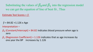 Substituting the values of 𝛽0and 𝛽1 into the regression model
we can get the equation of line of best fit , Thus
Estimate Test Scores = ො
𝑦
ො
𝑦 = 84.82 +1.126 x Age
Interpretation –
𝛽0 (Constant/Intercept) = 84.82 indicates blood pressure when age is
zero
𝛽1 (Regression Coefficient) = 1.126 indicates that as age increases by
one year the BP increases by 1.126
 