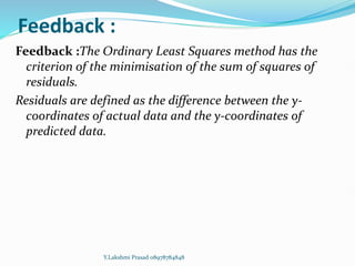 Feedback :
Feedback :The Ordinary Least Squares method has the
criterion of the minimisation of the sum of squares of
residuals.
Residuals are defined as the difference between the y-
coordinates of actual data and the y-coordinates of
predicted data.
Y.Lakshmi Prasad 08978784848
 