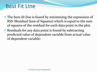 Best Fit Line
 The best-fit line is found by minimising the expression of
RSS (Residual Sum of Squares) which is equal to the sum
of squares of the residual for each data point in the plot.
 Residuals for any data point is found by subtracting
predicted value of dependent variable from actual value
of dependent variable:
Y.Lakshmi Prasad 08978784848
 