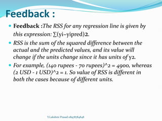 Feedback :
 Feedback :The RSS for any regression line is given by
this expression: ∑(yi−yipred)2.
 RSS is the sum of the squared difference between the
actual and the predicted values, and its value will
change if the units change since it has units of y2.
 For example, (140 rupees - 70 rupees)^2 = 4900, whereas
(2 USD - 1 USD)^2 = 1. So value of RSS is different in
both the cases because of different units.
Y.Lakshmi Prasad 08978784848
 